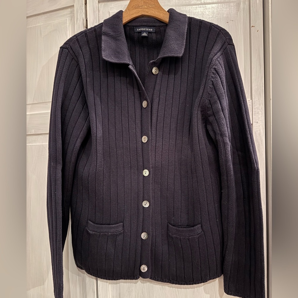 Lands' End Navy Blue Knit Cardigan Sweater